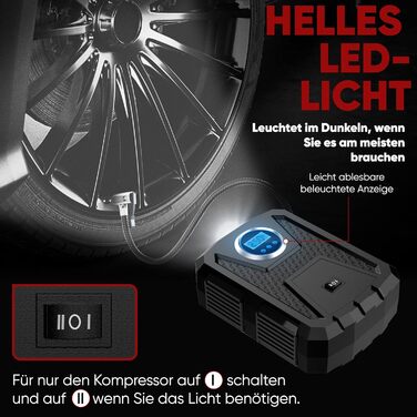 Електричний компресор Fortem 12V для авто і велосипедних шин, з LED-підсвіткою, цифровим манометром, автоматичним відключенням та сумкою