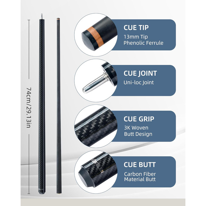 Білльярдний кий для брейків KONLLEN Heavy Hitter, карбоновий, з наконечником 12.9 мм, кий для удару, кий для пулу (KL-HH), 1/2 розділений, 3-х частинний кий для брейків та джампів, KL-HH Uniloc