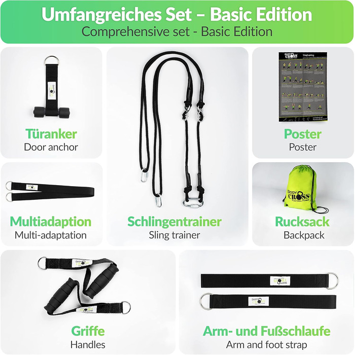 Слінг-тренажер PREMIUM Made in Germany: набір для силових тренувань вдома та на вулиці, з дверним кріпленням, плакатом та планом тренувань