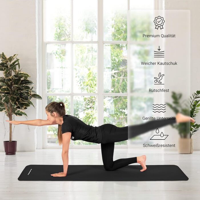 MSPORTS Килимок для гімнастики та йоги Studio 183 x 61 x 1/1.5 см | з постерами та ручками | М'який, без фталатів, чорний