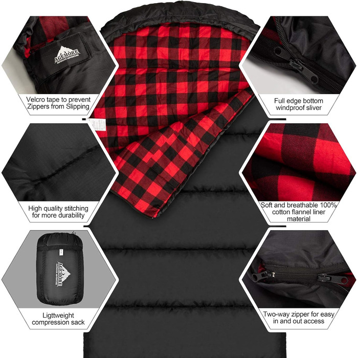 Спальний мішок Baumwoll-Flanell для дорослих, 100% бавовна, для кемпінгу, походів, подорожей з рюкзаком, легкий, 3-4 сезони, чорний/червоний