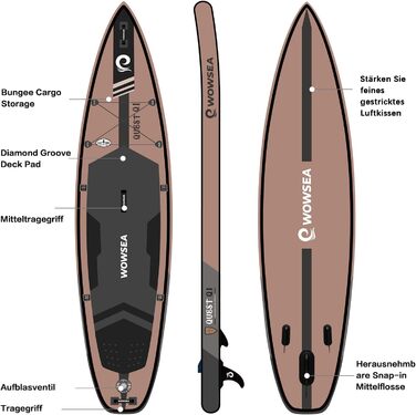 WOWSEA SUP дошка надувна гоночна 426/385 см, з кріпленням для камери, для змагань та відпочинку (пісочний)