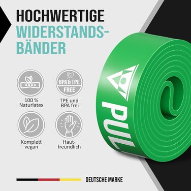 Фітнес-стрічка PULLUP & DIP STRONG зелена для підтягувань, кросфіту та каллістеніки з чохлом, дверним анкером і гідом, окремо або в наборі