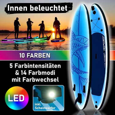 Надувний SUP Board BRAST з LED-підсвіткою | Комплект для станд-ап паддлінгу | 320x81x15см | 4 дизайни | LED-підсвічування (10 кольорів) | 5 років гарантії | 2в1 (каяк, сидіння) | Тримач для Action-Cam | Петля для ноги (Shark Blue)