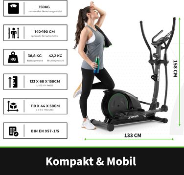 Zipro Crosstrainer Hulk: Магнітний тренажер для дому, до 150 кг, чорний