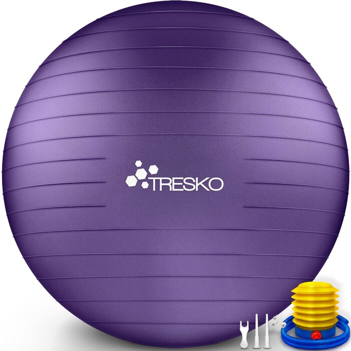 Фітбол TRESKO® 75 см з насосом | Для фітнесу, йоги, вагітності, тренування пресу та спини | Антивибуховий, 300 кг, фіолетовий
