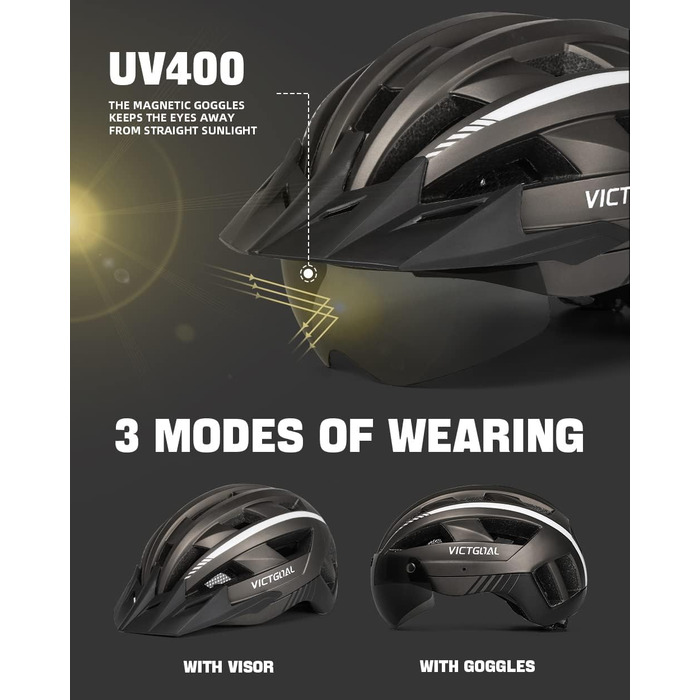 Велошолом VICTGOAL для MTB і шосе з магнітним візором, LED підсвіткою, сонцезахисним козирком, для дорослих, розмір XL (59-63 см)