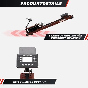 Гребний тренажер GORILLA SPORTS® з водним опором, складаний, компактний, з Bluetooth, роликами, 6 рівнів опору, сумісний з додатком, з дерева. Ідеально для дому.