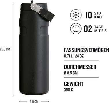 Термобутилка Stanley Flip Straw 2.0 з трубочкою 0,7 л, чорна, термос, зберігає холод до 12 годин, тримає лід до 3 днів, BPA-free, не протікає, підходить для автотримача, можна мити в посудомийці