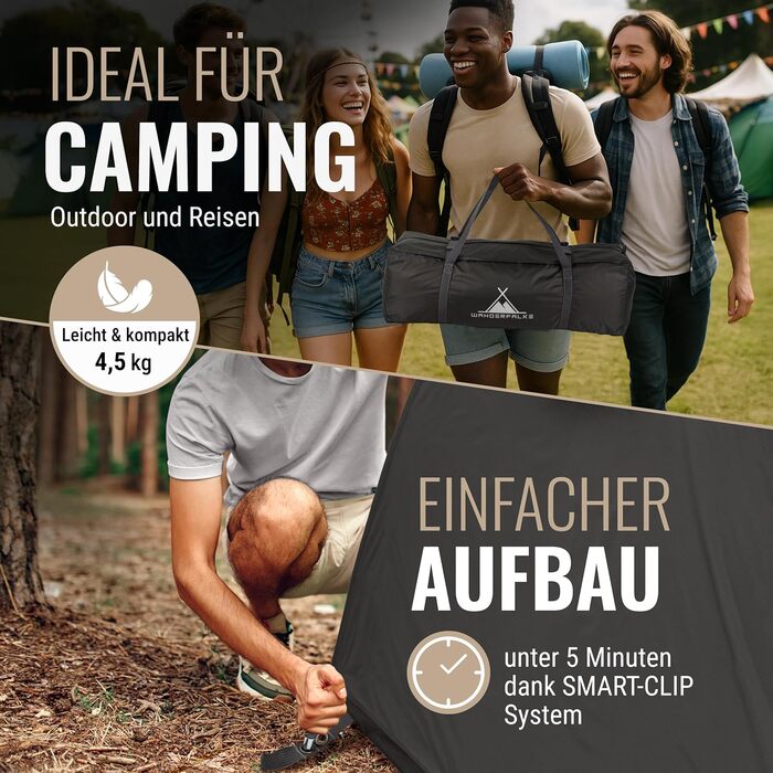 Намет WANDERFALKE® для 2-4 особи, водонепроникний (4000 мм), ультралегкий, з невеликим об'ємом у складеному стані. Сімейний намет з тамбуром для кемпінгу, подорожей, риболовлі. Підходить для теплої та холодної погоди (CAMP 4)