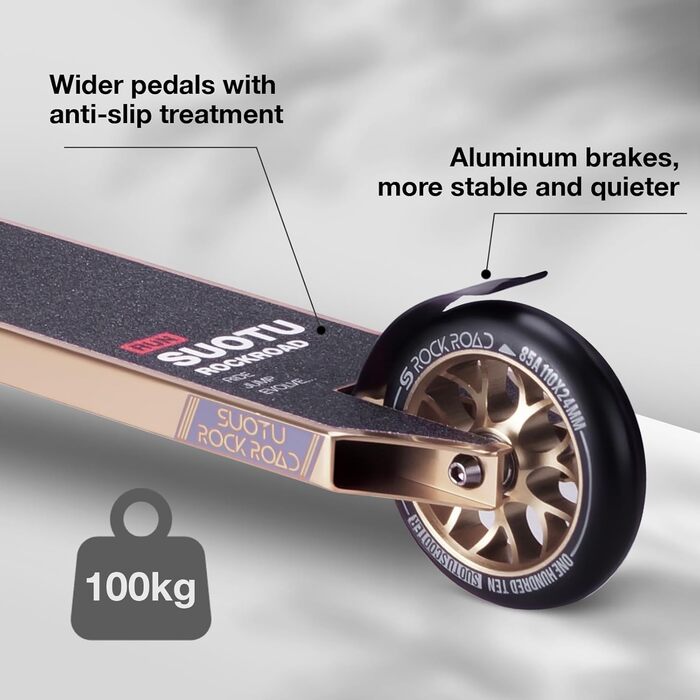 SUOTU Станкер для трюків, професійний, 360° кермування, роликовий скейтборд з колесами 110 мм 85A PU, для дітей, підлітків та дорослих, вантажопідйомність 100 кг, алюміній (чорний – білий золотий)