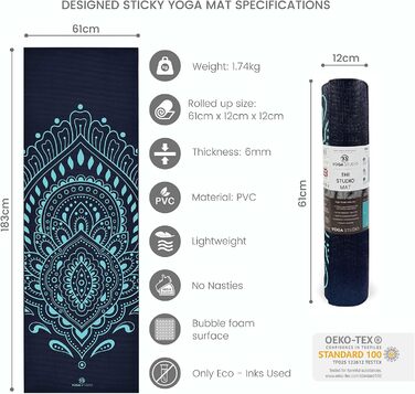 Йога-мат Mandala 183x61 см, 6 мм, протиковзкий, зносостійкий, PVC, для йоги та фітнесу