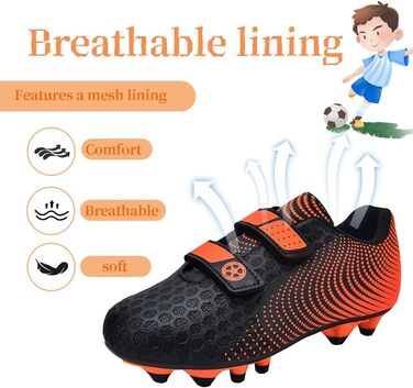 Дитячі футбольні бутси для хлопчиків та дівчаток, футбольні черевики з шипами для твердого поля, дитячі спортивні взуття для тренувань та занять на відкритому повітрі, дихаючі, антиковзкі, унісекс, розмір 28-37, 36 EU, чорний, оранжевий