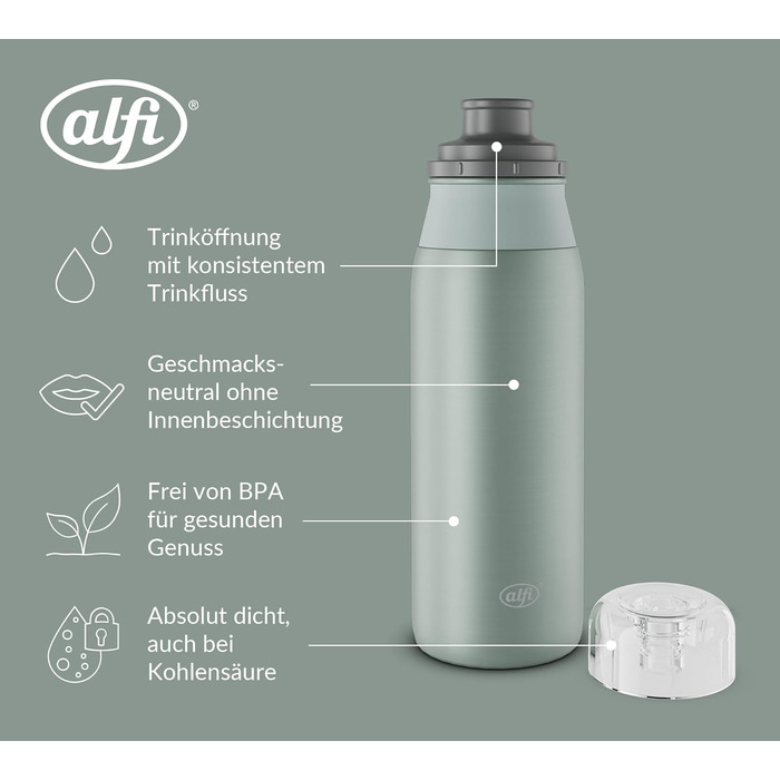 Пляшка для води alfi ELEMENT 600 мл, зелена матова, легка, з нержавіючої сталі, герметична, з гвинтовою кришкою, для газованої води, компактна, можна мити в посудомийці, без BPA