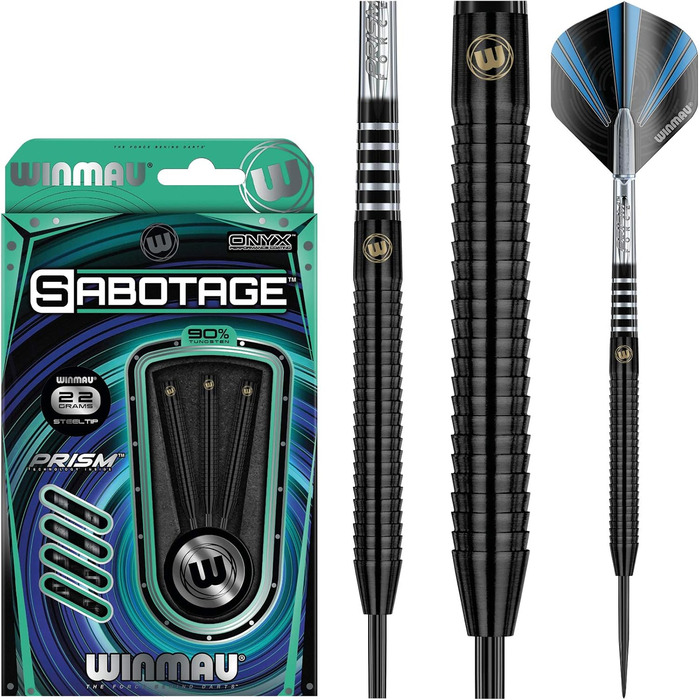 Дротики WINMAU Sabotage Onyx 22-26г, професійні, вольфрамові, з сталевим наконечником, комплект з оперенням та стрижнями