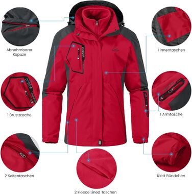 Жіноча куртка 3-в-1 для активного відпочинку: вітро- та вологозахисна з флісовою підкладкою, з капюшоном (Червоний, XXL)