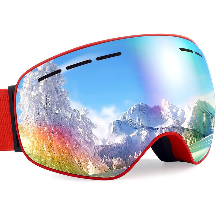 Снігові окуляри Dizokizo з регульованим ремінцем для сноуборду, антизапітніючі, 100% захист від УФ-випромінювання, тришаровий дихаючий матеріал, тиснений ремінь, для жінок, чоловіків, молоді (S, червоний)
