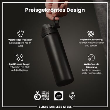 Сталева пляшка для води ION8 Evo Steel, 600 мл, герметична, з одним натисканням та замком, чорна