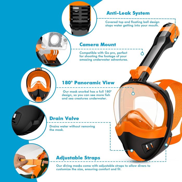Маска для снорклінгу повного обличчя, обладнання для дорослих та дітей з системою сухого дихання та знімним тримачем для камери, 180° огляд, чорний, помаранчевий, білий, синій, XL