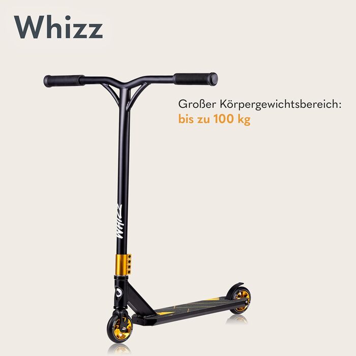 Скутер LIONELO WHIZZ Stunt - трюковий, підшипники ABEC-9, алюмінієва дека, система HIC, колеса 110мм, широке кермо, гальма Flex Fender MN Steel, чорний, унікальний дизайн