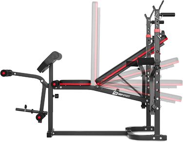 Складана лавка для жиму Hop-Sport HS-1065 з підставкою для штанги, партою для біцепса та батерфляй – регульована тренувальна лавка для жиму лежачи