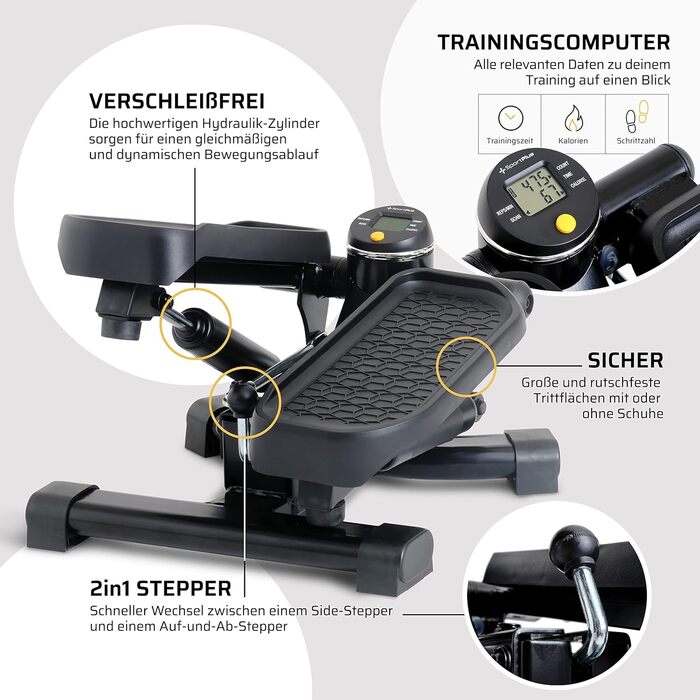 Міні-степер SportPlus 2-в-1: Swing та Up-Down, до 100 кг, чорний, з міцними гідравлічними циліндрами