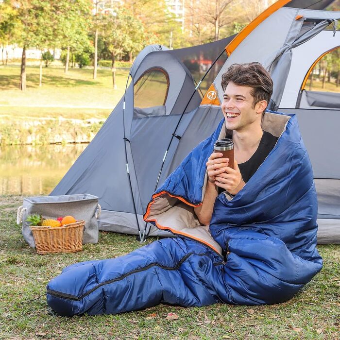 Спальний мішок Amazon Basics 4 сезони, для холодної та теплої погоди, для кемпінгу та піших прогулянок, прямокутний, блакитний