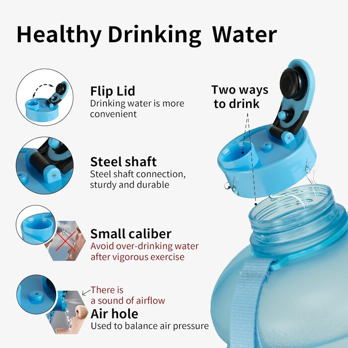 Фляга для води TOOFEEL 2л BPA Free, велика, спортивна, з позначеннями об'єму (Матова блакитна, 2200 мл)