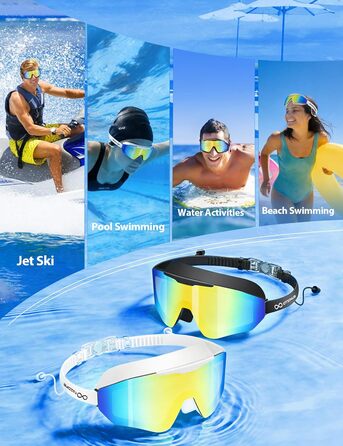 Окуляри для плавання unisex 2 шт. (дорослі, чоловічі, жіночі) Anti-Fog, Anti-UV, з берушами, велика рамка, регульований ніс - чорно-білі