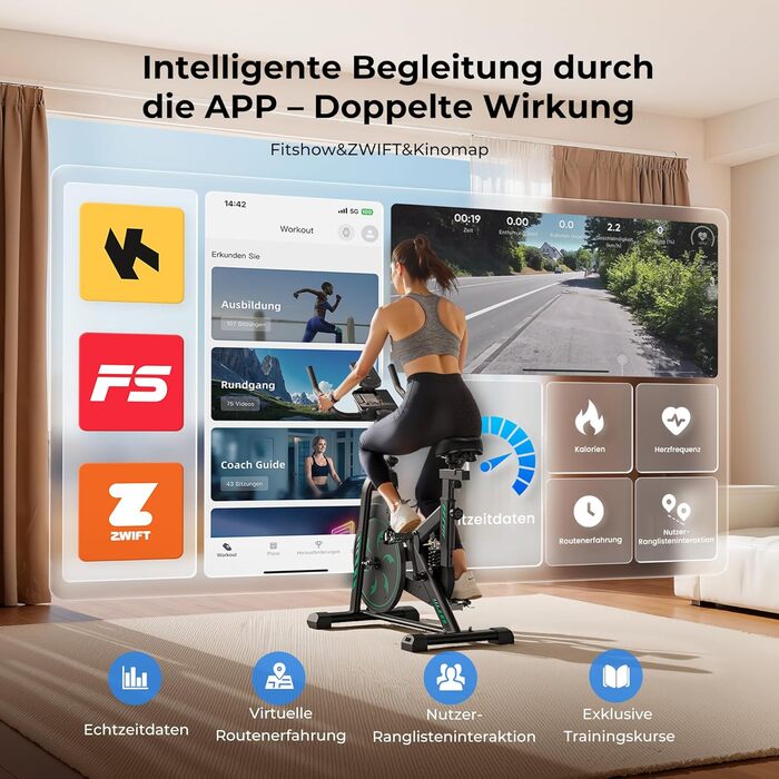 Велотренажер для дому з додатком, магнітний опір, тихий велоергометр, важке махове колесо, посилена сидіння, LCD-дисплей, тримач для планшета, до 150 кг