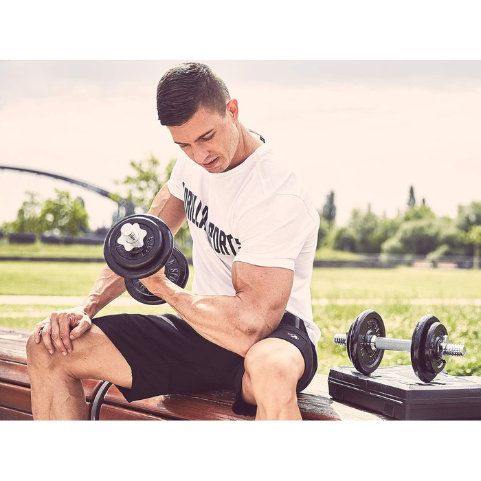 Комплект гантелей GORILLA SPORTS 20 кг з кейсом, 8 чавунних дисків, 30 мм гриф із насічкою, зіркоподібні замки