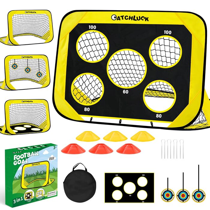 Дитячі футбольні ворота для саду Pop Up з 6 перешкодами, цілями та сумкою, жовті