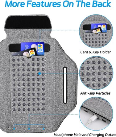 Спортивний браслет для телефону: підставка для бігу, кишенька для навушників, сумісний з iPhone 17/16/15/14/13 Pro Max, Galaxy S25/S24/S23 Ultra (до 6.9 дюймів, світло-сірий)