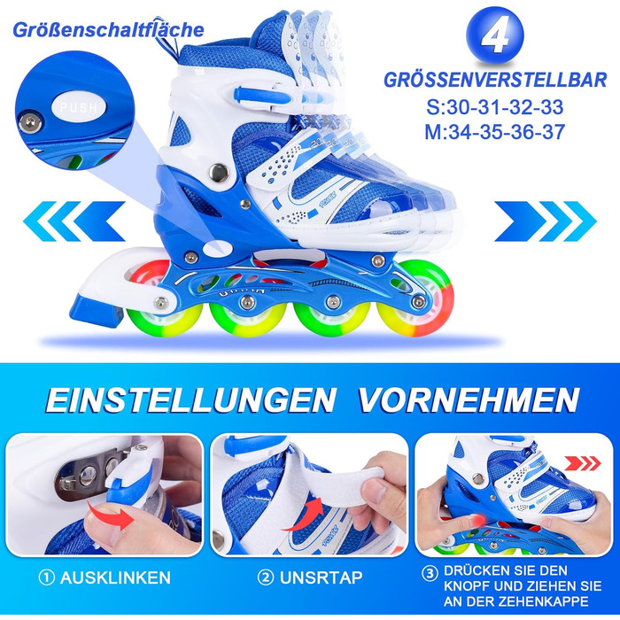 Дитячі ролики JIFAR Inliner Kinder з регульованим освітленням, розміри 30-33, 34-37, для хлопчиків та дівчаток, блакитні