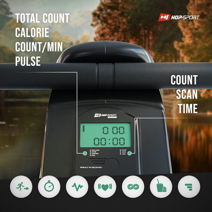 Гребний тренажер Hop-Sport Boost для дому, складаний, магнітний, з комп'ютером, підшипниковим сидінням, 10 рівнів навантаження, пульсознімний ремінь, до 120 кг, червоний