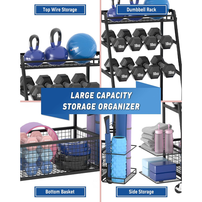 Підставка для гантелей розширена для дому - стійка для тренувань з 4 колесами та зручним зберіганням з обох сторін, чорна