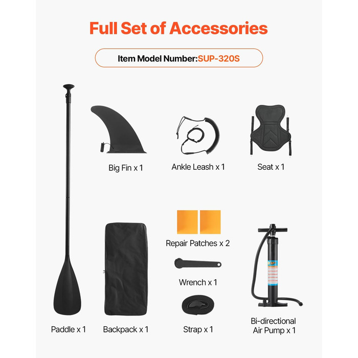 Надувний SUP VEVOR Stand Up Paddle Board (323/335см) з аксесуарами: насос, весло, рюкзак, ремнабір, кишенька для телефону. Підходить для дорослих та дітей.
