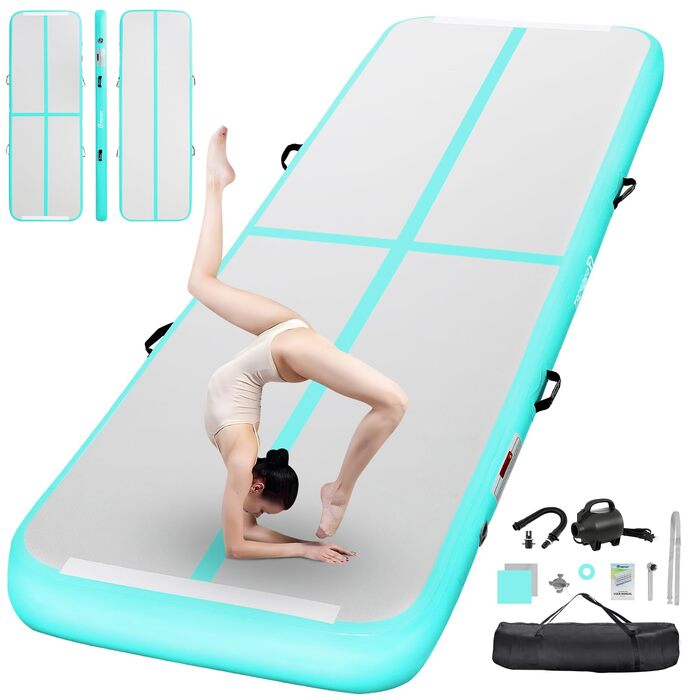 Airtrack FBSPORT мат гімнастичний надувний 300x100x10 см, зелений - для дому, спорту, йоги, з насосом та сумкою