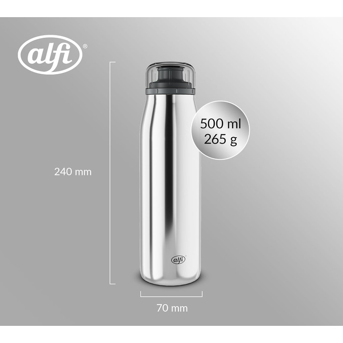 Термос-термобутилка alfi ISO 500 мл з нержавіючої сталі, полірування, герметична кришка, зберігає тепло 12 годин, холод 24 години, підходить для газованих напоїв, BPA-free