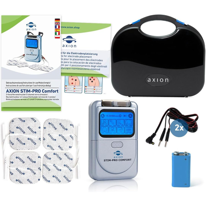 Пристрій TENS Axion STIM-PRO Comfort для терапії болю - комплект з 4 електродів 5x5 см | Reizstromgerät для лікування артрозу, артриту, болю в шиї, спині та суглобах | Сертифікований медичний продукт