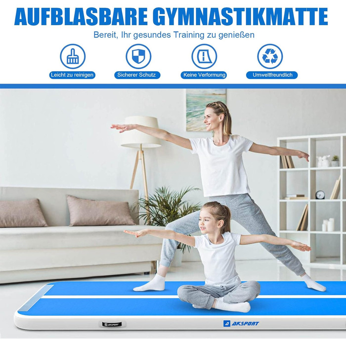 Мата для гімнастики AKSPORT Air Matte з повітряною подушкою, 3/4/5/6 м, 10/20 см висотою, 600x100x10 см, для дому, залу, тренувань, черлідингу, блакитна