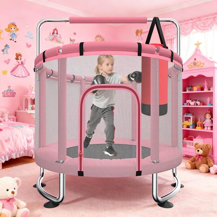 Дитячий батут з сіткою безпеки, регульованою перекладиною та гойдалкою, для хлопчиків та дівчаток 3-6 років (Рожевий)