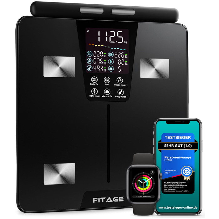 Цифрова вага-аналізатор тіла Testsieger 2025, вага до 225 кг, вимірювання жиру та м'язової маси (17 показників), аналіз тіла через додаток, великий LED-дисплей, білий колір (з ручкою)