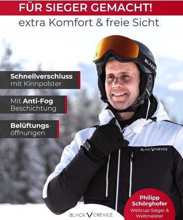 Шолом гірськолижний BLACK CREVICE Kirchberg з візором та вентиляційними отворами - дихаючий шолом для чоловіків та жінок (чорний/сріблястий, 0 = S (51-53 см))