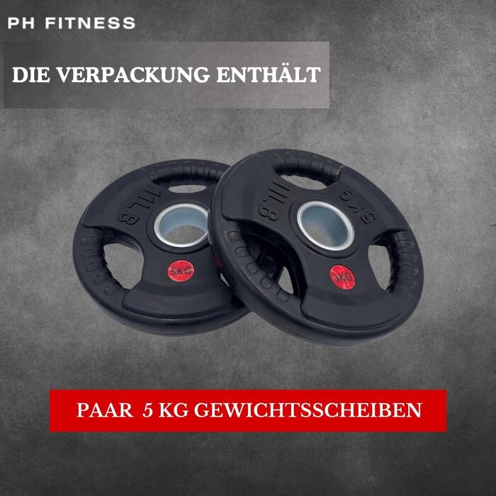 Преміум олімпійські диски PH Fitness 5 кг, гума, трихват, 50 мм, набір для штанги та гантелей, домашній спортзал, 2 шт.