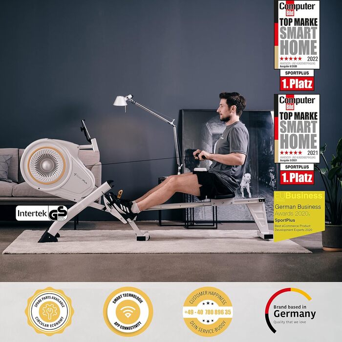 Гребний тренажер SportPlus для дому з регулюванням опору (8 рівнів), сумісний з додатком, тиха робота, вантажопідйомність до 150 кг, Snow/Sun (сумісний з додатком, новий дизайн)