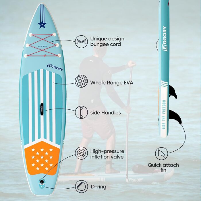 Надувний SUP-борд Extra Breites: Дошка для Stand-Up Paddle з фіном, ручним насосом, для подорожей (Смуга м'яти)