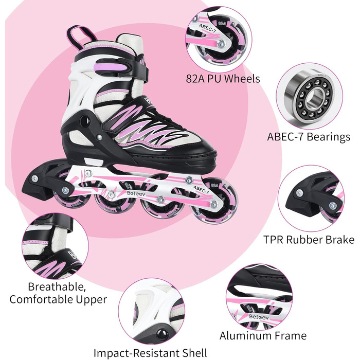 Інлайни BELEEV для дітей, підлітків та дорослих, ролики з регульованим розміром, світлодіодні шнурки та колеса, рожевий колір
