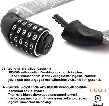 Надійне велозамок Nean з кодом, 6x6x900 мм, сталевий ланцюг, тканинне покриття, висока безпека