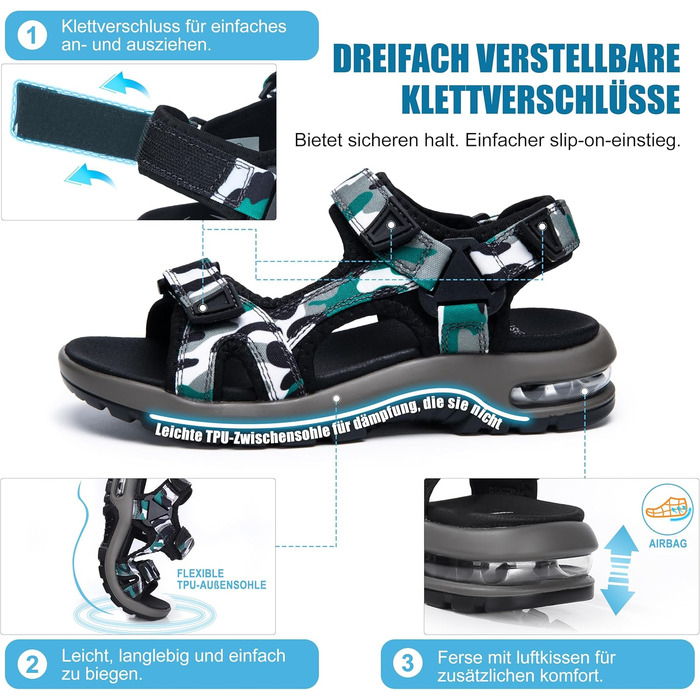 Сандалі дитячі Visionreast для хлопчиків, пляжні, спортивні, трекінгові, з повітряною подушкою, нековзні, зелені камуфляж, розмір 29 EU